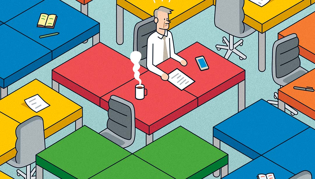Illustration: Ein Mann sitzt ganz alleine in einem Büro an einem bunten Schreibtisch