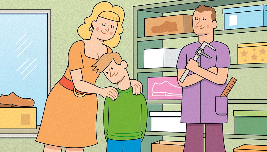 Illustration: Eine Szene in einem Schuhladen. Ein Junge bekommt neue Schuhe. Er wird begleitet von seiner Mutter. Im Hintergrund ein Verkäufer mit einem Gerät, um die Füße zu vermessen. 