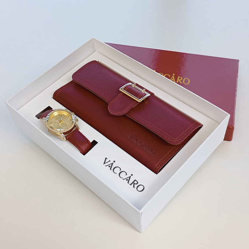 Damen Geldbörse und Armbanduhr in Burgunderrot