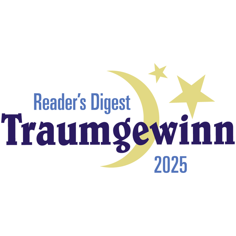 Reader's Digest Traumgewinn 2025 logo featuring a crescent moon and stars. 
