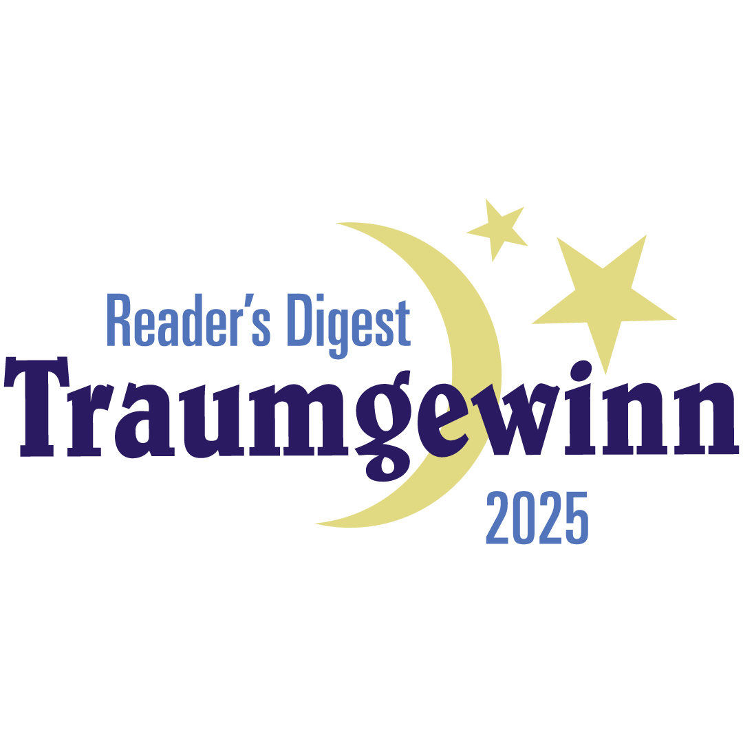 Reader's Digest Traumgewinn 2025 logo featuring a crescent moon and stars. 
