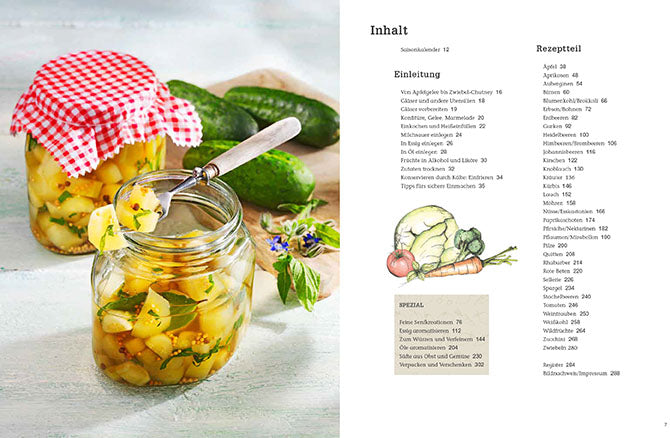 Glass jars of pickled vegetables, possibly a cookbook illustration, showing vibrant yellow and green hues, red gingham fabric, and fresh herbs.
