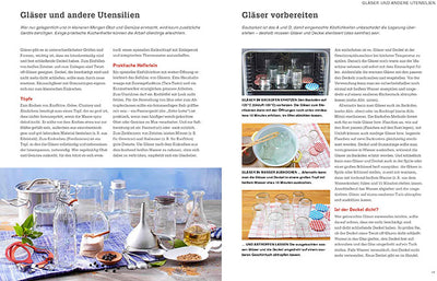 Unknown artist, page from a German cookbook showing glass jars and canning supplies, oven and stovetop, featuring colorful canning jar lids and a funnel, plus various glass sizes and shapes