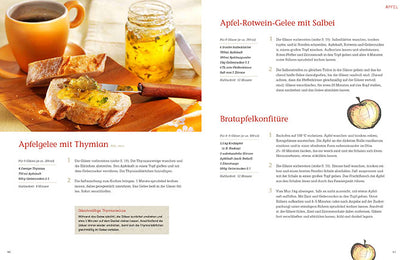 Photograph of apple jelly with thyme on rustic bread, featuring a jar of golden jelly, a vibrant orange cup, and a wooden cutting board with herbs
