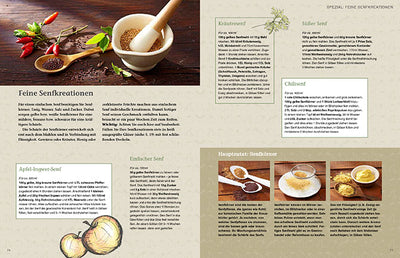 Illustration of a mustard-making process showing a mortar and pestle with mustard seeds, apples, and red chili peppers, along with text describing different mustard recipes.
