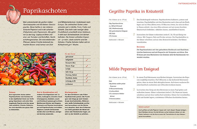 A cookbook page showing a vibrant pile of red and orange peppers, yellow peppers, and red chilies in a market setting, featuring various shades of red and green, and showcasing their use in different dishes
