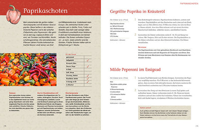 A cookbook page showing a vibrant pile of red and orange peppers, yellow peppers, and red chilies in a market setting, featuring various shades of red and green, and showcasing their use in different dishes
