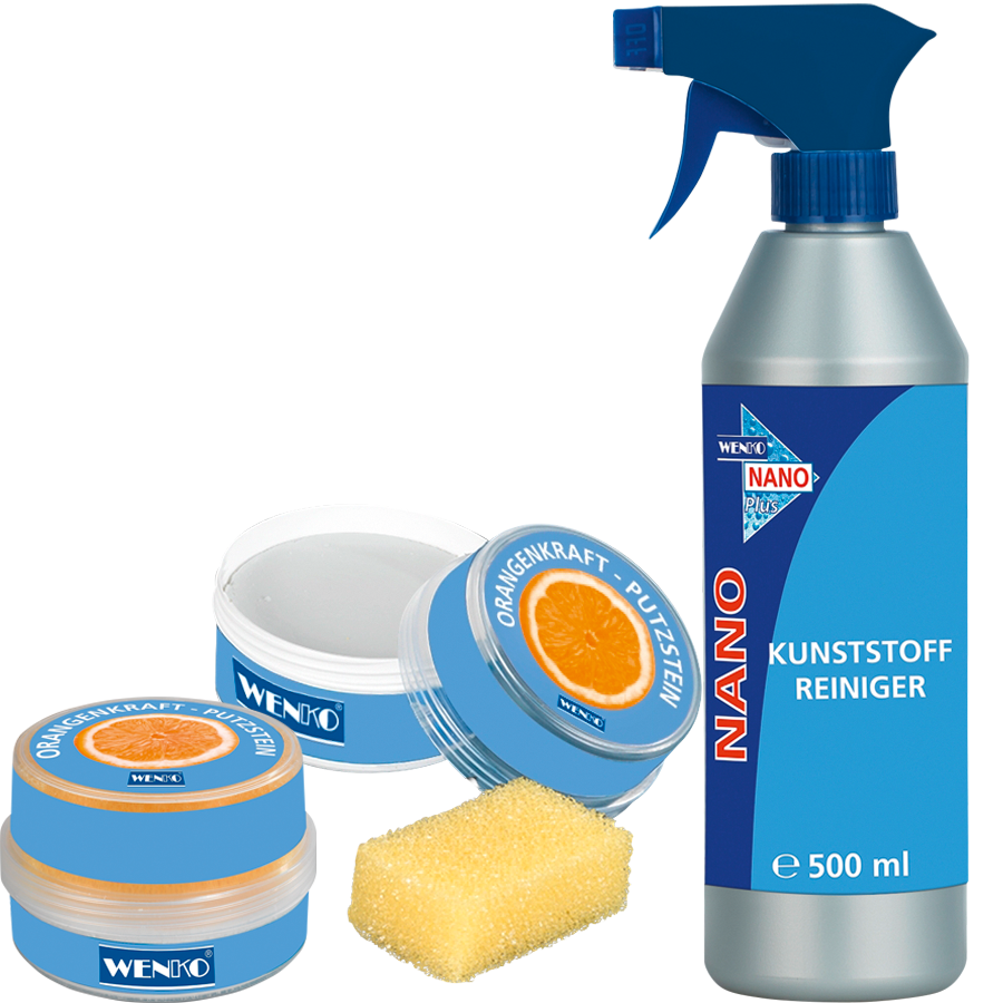 2 Orangen-Putzsteine & Nano-Kunststoffreiniger im Set