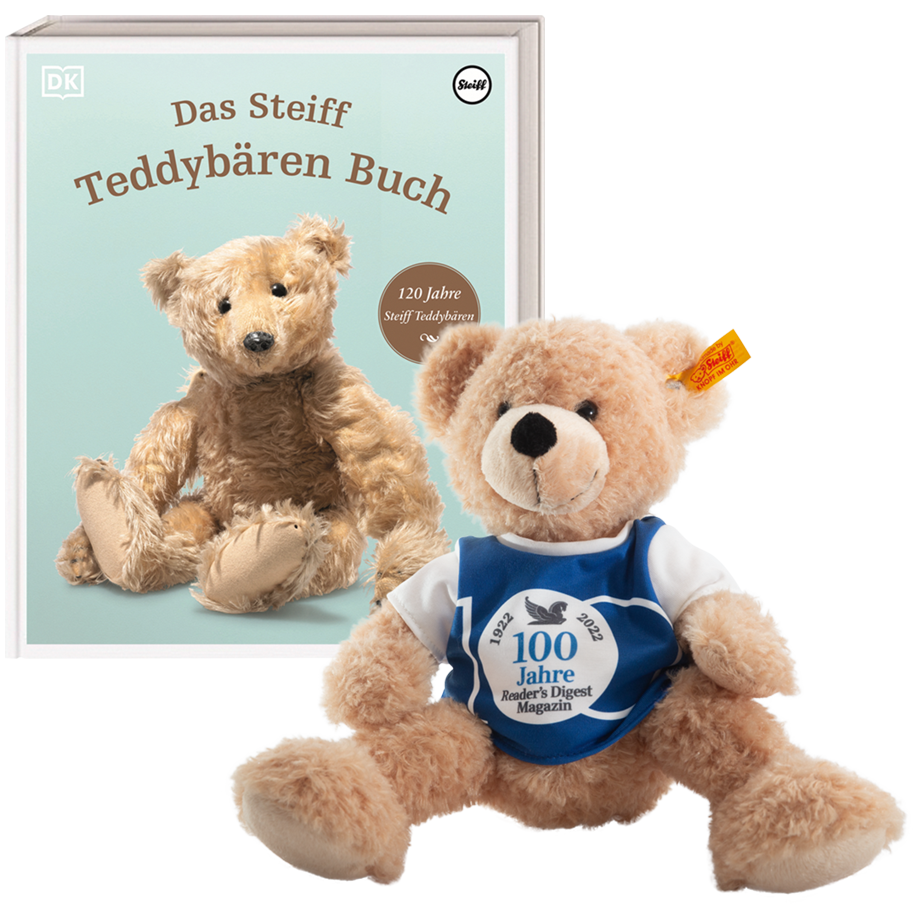 Reader's Digest Jubiläums-Set: Steiff-Teddy & Buch